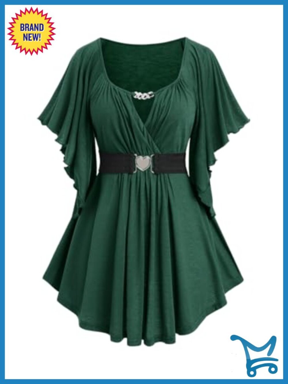 Plus Size Surplice Top Butterfly Sleeve Belted Chain Panel Stretch Casual Blouse